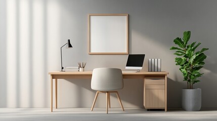 Bright and modern home office setup with desk, chair, and plant.