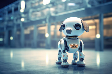 Cute robotic dog standing on a reflective floor