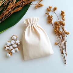 Minimalist fabric pouch surrounded by natural elements on a clean surface