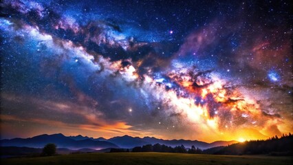 Naklejka premium A vast, starry sky with the milky way galaxy shining brightly over a field with mountains in the distance
