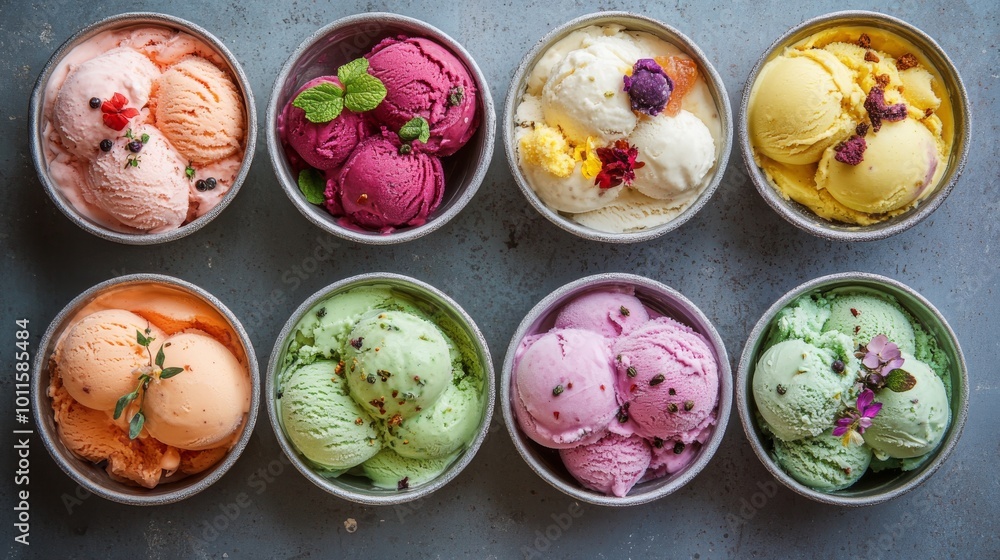 Poster a top view of multiple bowls of colorful ice cream with a variety of flavors, ranging from fruity to