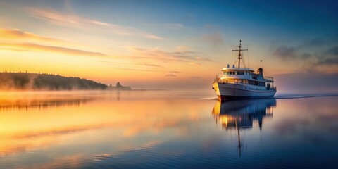 A solitary vessel navigates tranquil waters, its white hull a stark contrast against the vibrant hues of a breathtaking sunrise.