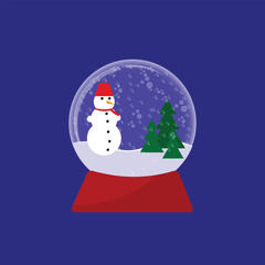 Glass winter ball with snowman and christmas tree on blue background,vector illustaration.