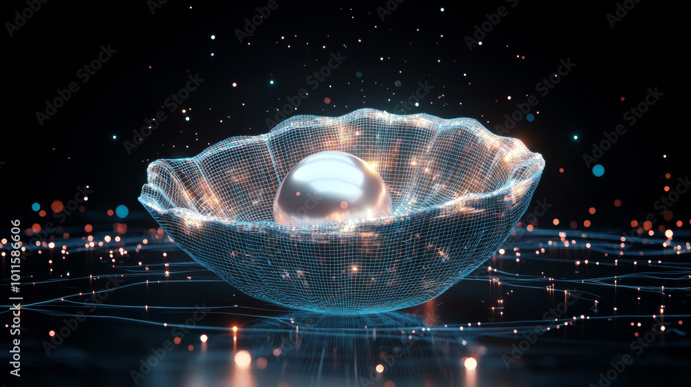 Poster a shiny pearl sits inside a shell, outlined with a simple wireframe design. this digital illustratio