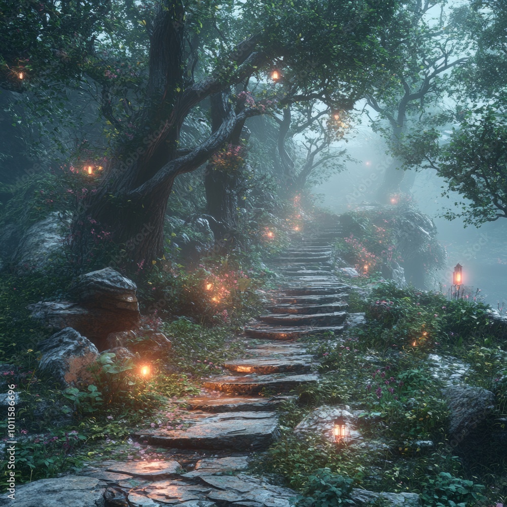 Poster magical forest path with glowing lanterns and stone steps