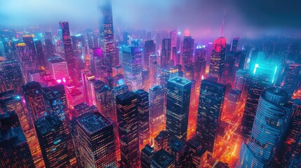 Fototapeta premium A vibrant aerial view of a city skyline illuminated by colorful lights at night.