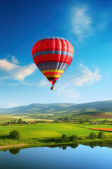 Fototapeta premium Colorful Balloon Floating Over Scenic Green Landscape