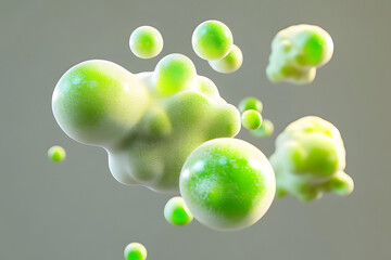 3D floating green cells on gray background. Concept of modern eco friendly nature save technologies and renewable energy. Futuristic abstract 3d shapes ecology background, 