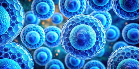 A microscopic view of a cluster of blue cells, each with a spherical nucleus surrounded by a thin membrane, revealing intricate cellular details