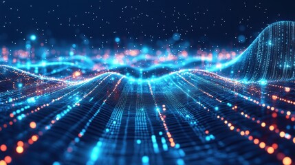 A digital landscape depicting flowing waves of light and data.