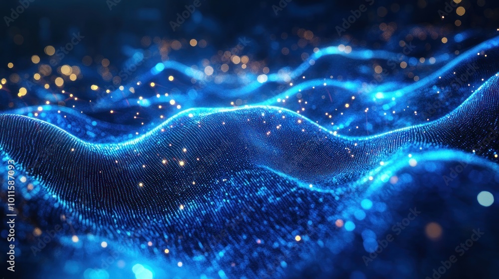 Poster abstract digital waves with glowing particles, representing technology and innovation.
