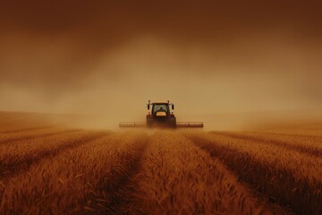Fototapeta premium Tractor Driving Through a Field of Wheat in Hazy Conditions