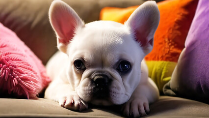 French bulldog laying among pillows with cute expression.