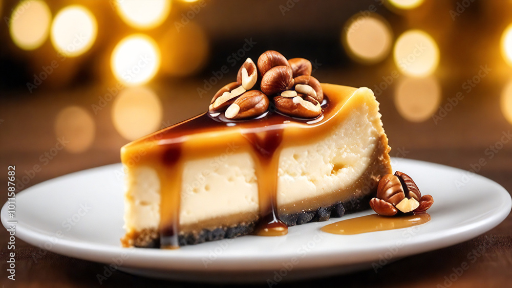 Wall mural cheesecake slice on plate, blurred festive lights.