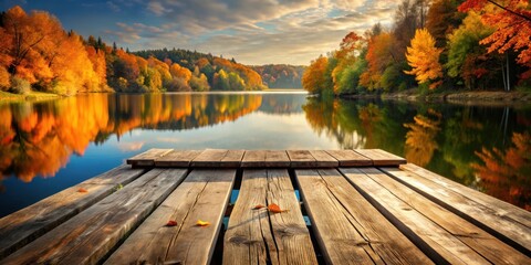 A wooden dock overlooking a serene lake reflecting the vibrant colors of an autumnal forest.