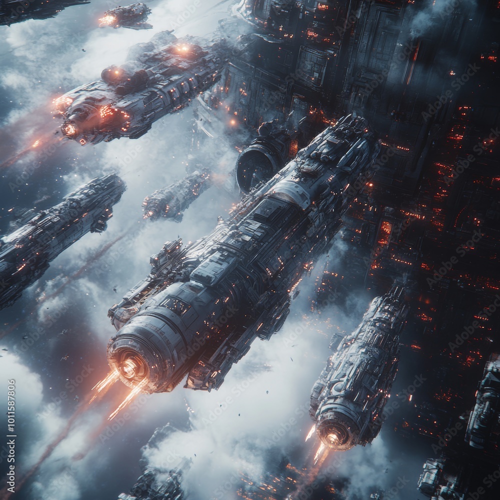 Poster futuristic spaceships in orbit around a space station