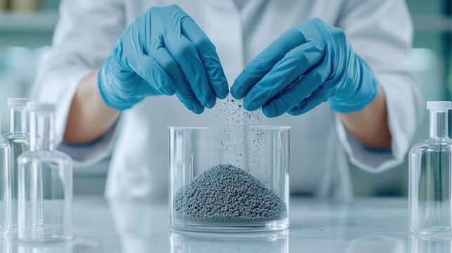 Lab worker conducting pozzolanic activity test on fly ash for concrete mixtures, Fly ash pozzolanic test, Supplementary cementing material evaluation