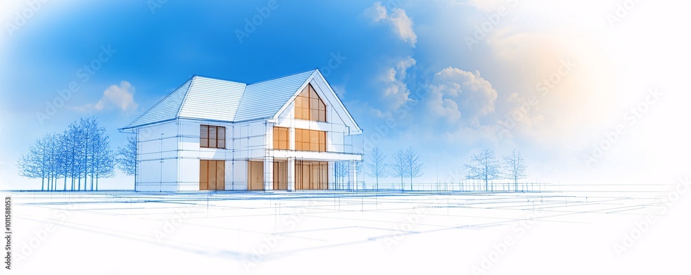 Poster modern home design blueprint - detailed close-up of open living spaces with large and clean lines sh