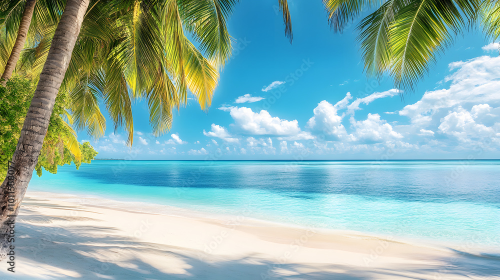 Sticker Tropical sea beach scene with clear turquoise water, white sandy shore and palm trees under a bright blue sky on a sunny day