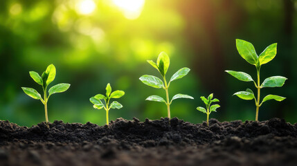 Growth progression of young plants in eco-friendly pots against a gradient backdrop