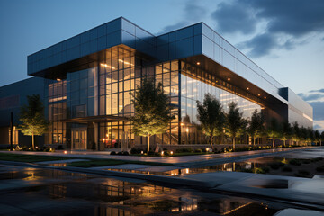 Modern office building with glass facade and landscaped grounds