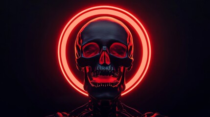 A glowing neon skull with a halo radiates an ominous red light in this dark, surreal image. The intense lighting and futuristic design evoke themes of mortality, mystery, and otherworldliness.. AI