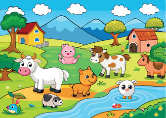 Obraz premium Farm animals are enjoying nature by the river vector illustration.