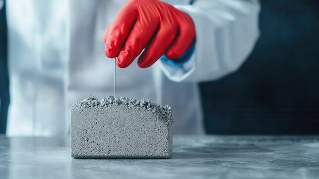 Engineer testing fiber-reinforced concrete's flexural strength in modern lab environment, Fiber-reinforced concrete test, Advanced material testing