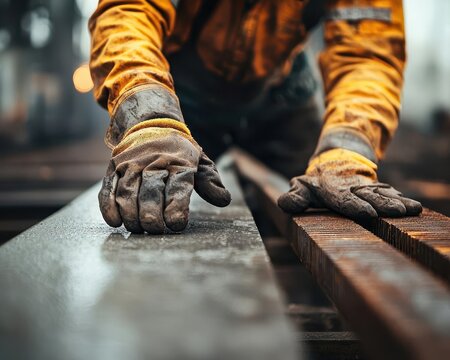 Worker preparing concrete beams for flexural strength test, detailed machinery setup, Concrete flexural testing, Structural load capacity