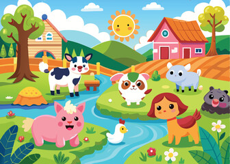 Naklejka premium Farm animals are enjoying nature by the river vector illustration.