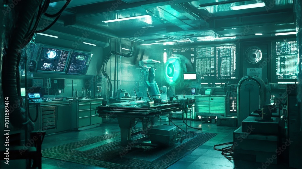 Poster a cutting-edge modern laboratory with advanced technology and equipment, featuring a glowing circula