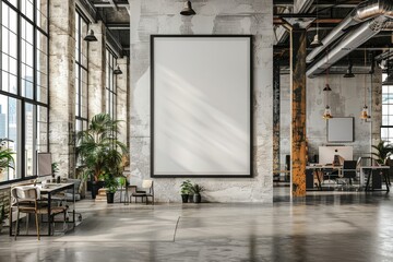 Open space office featuring a large white wall, concrete floors, black frames, a mockup of a blank A2 poster, and scattered desks under industrial lights.