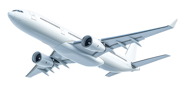 A white airplane is flying in the sky. The plane is large and has two engines. The sky is clear and the plane is the only object visible