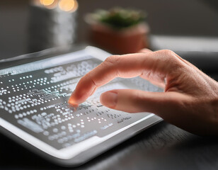Close-up of fingers reading a Braille display on a digital device. An image representative of the integration between technology and accessibility.