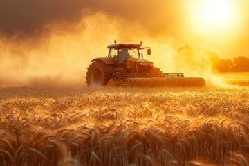 Fototapeta premium A Tractor Harvesting Wheat in a Golden Field at Sunset