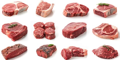 Perfect raw steak set collections isolated on white background