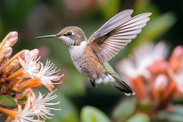 Naklejka premium Hummingbird Hovering Over Vibrant Flowers in a Lush Garden During a Sunny Day