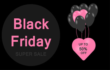 Black Friday banner with balloons and heart