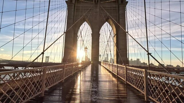 Brooklyn Bridge, New York city, Manhattan to Brooklynn, Jan 1,2024 New Year Sunrise, walking 