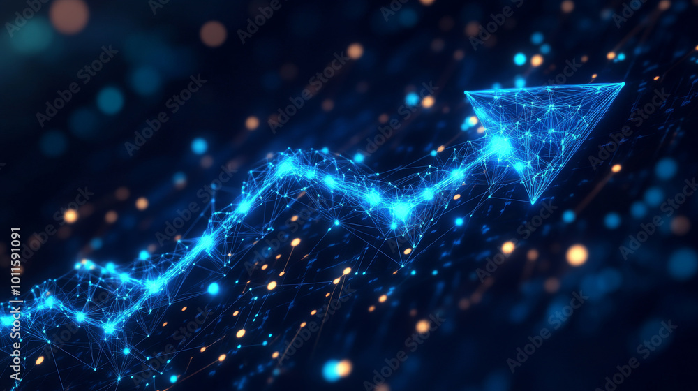 Poster a blue arrow pointing upwards against a dark background symbolizes rapid growth and speed in technol