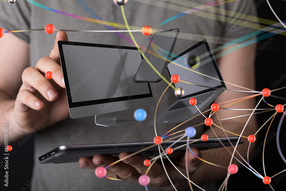 Aufkleber Global network. Blockchain. 3D illustration. Neural networks and artificial intelligence. Abstract  - 3d