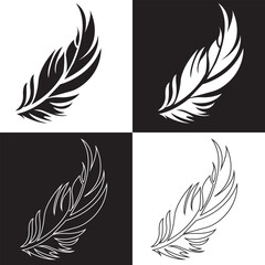  Feather icon, vector. Feather silhouette, symbol design. Bird feather icons, vector, silhouette, feather logo, tattoo design.  Vector illustration isolated on white and black background. EPS 10