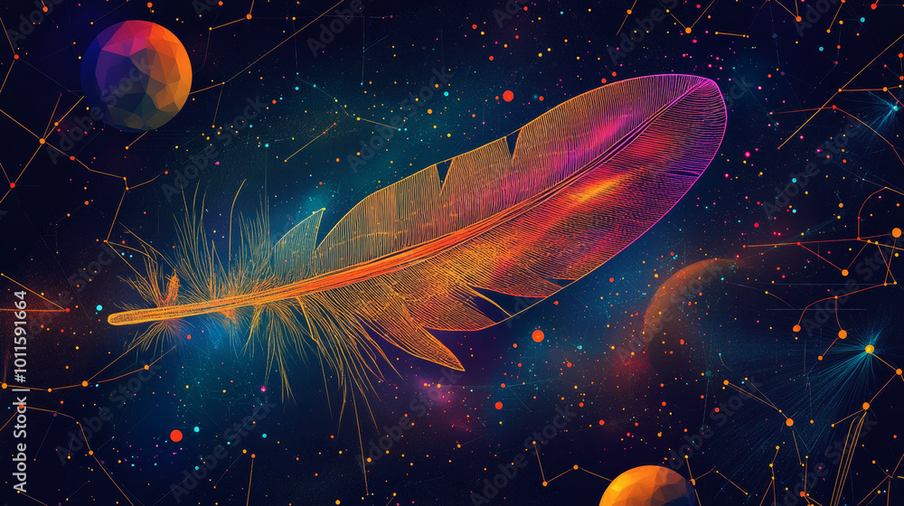 Poster a colorful design featuring a bird feather against a backdrop of stars and planets. this abstract im