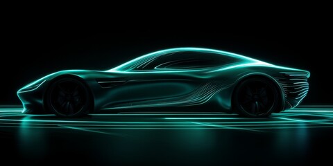 Fototapeta premium A Futuristic Sports Car Illuminated in Neon Green Lines on a Dark Background at Night