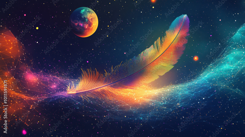 Poster a colorful design featuring a bird feather against a backdrop of stars and planets. this abstract im