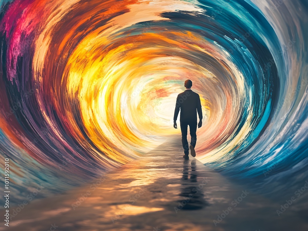Poster journey through a colorful abstract tunnel