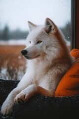 Obraz premium A Serene White Dog Lounges by the Window on a Snowy Day, Enjoying the Peaceful Winter Atmosphere