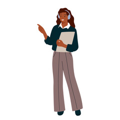 Confident speaker at business conference. Public speech, presentation of happy woman with clipboard and microphone.