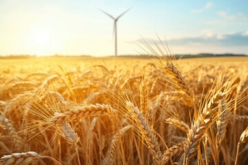 Fototapeta premium Golden Wheat Stalks in a Field with a Blurred Wind Turbine in the Background