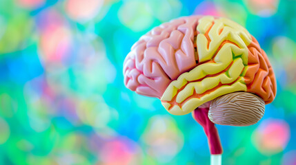 Close-up of a human brain model with vibrant neural pathways, symbolizing cognitive response and mental activity, ideal for educational and scientific visual content